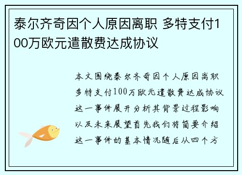 泰尔齐奇因个人原因离职 多特支付100万欧元遣散费达成协议