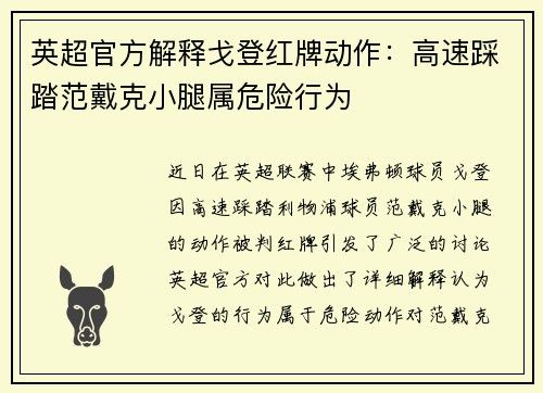 英超官方解释戈登红牌动作：高速踩踏范戴克小腿属危险行为