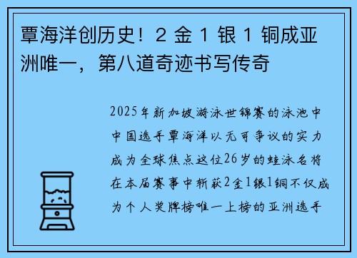 覃海洋创历史！2 金 1 银 1 铜成亚洲唯一，第八道奇迹书写传奇
