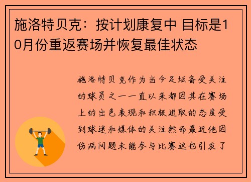 施洛特贝克：按计划康复中 目标是10月份重返赛场并恢复最佳状态