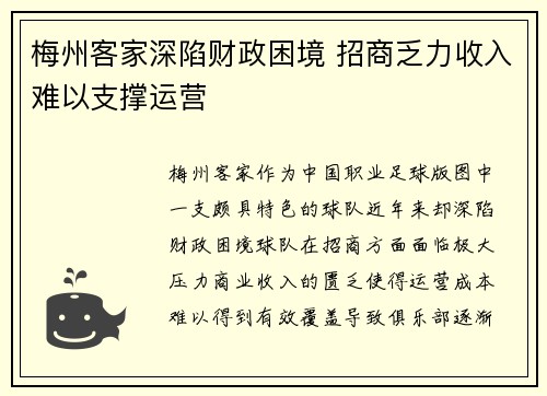 梅州客家深陷财政困境 招商乏力收入难以支撑运营